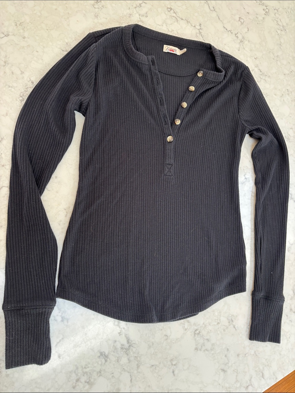 Faherty Black Ribbed Henley Long Sleeve Top